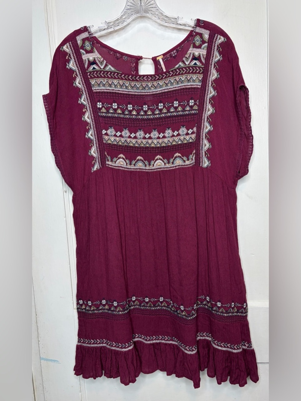 Free People Sunrise Wanderer Mini Dress Embroidered Crinkle Boho Sz S